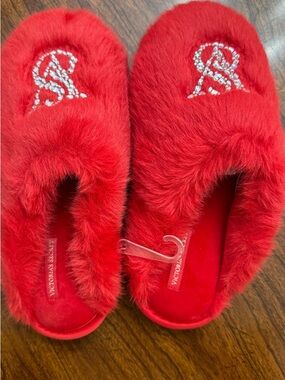 Victoria's Secret Red Faux-Fur Crystal Logo Slip-Ons